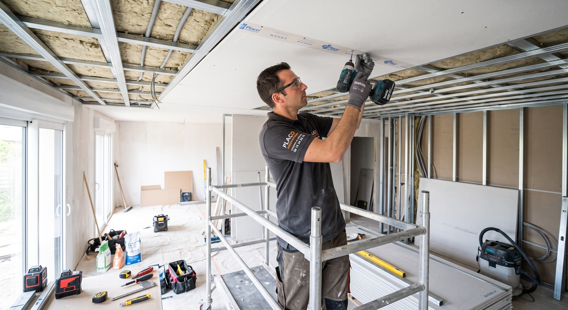 Chantier de placo réalisé par O Placo : pose de plaques de plâtre